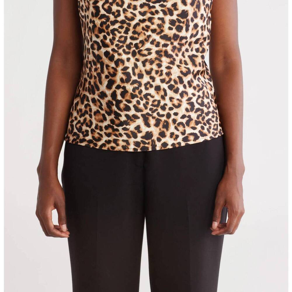 NEW RENEE C print satin cowlneck top in leopard